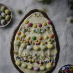 Itse tehty kinder-suklaa on helppo ja näyttävä pääsiäisherkku. Kuvassa suklaa on tehty pääsiäismunan muotoon. Alla on tummaa suklaata ja päällä valkoista suklaata. Päällimmäisenä on erilaisia karkkeja.