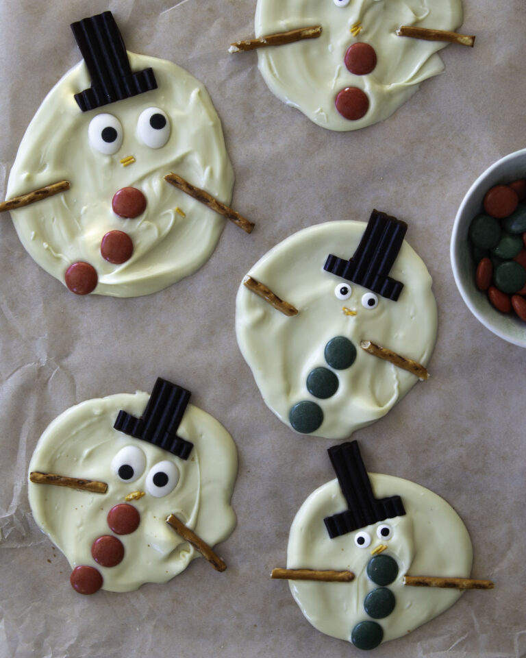 Melted snowman -suklaa on hauska ruokalahja, joka näyttää sulaneelta lumiukolta. Valkosuklaan päällä on lakuhattu, silmät, pyöreitä karkkeja nappeina sekä suolatikun pätkät käsinä.